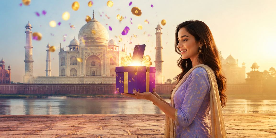 A woman using mobile phone for payment near Taj Mahal at night