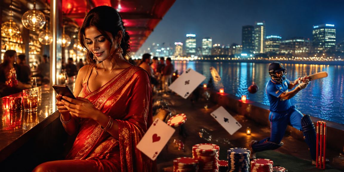 Indian woman shimmying in traditional saree holding smartphone for betting